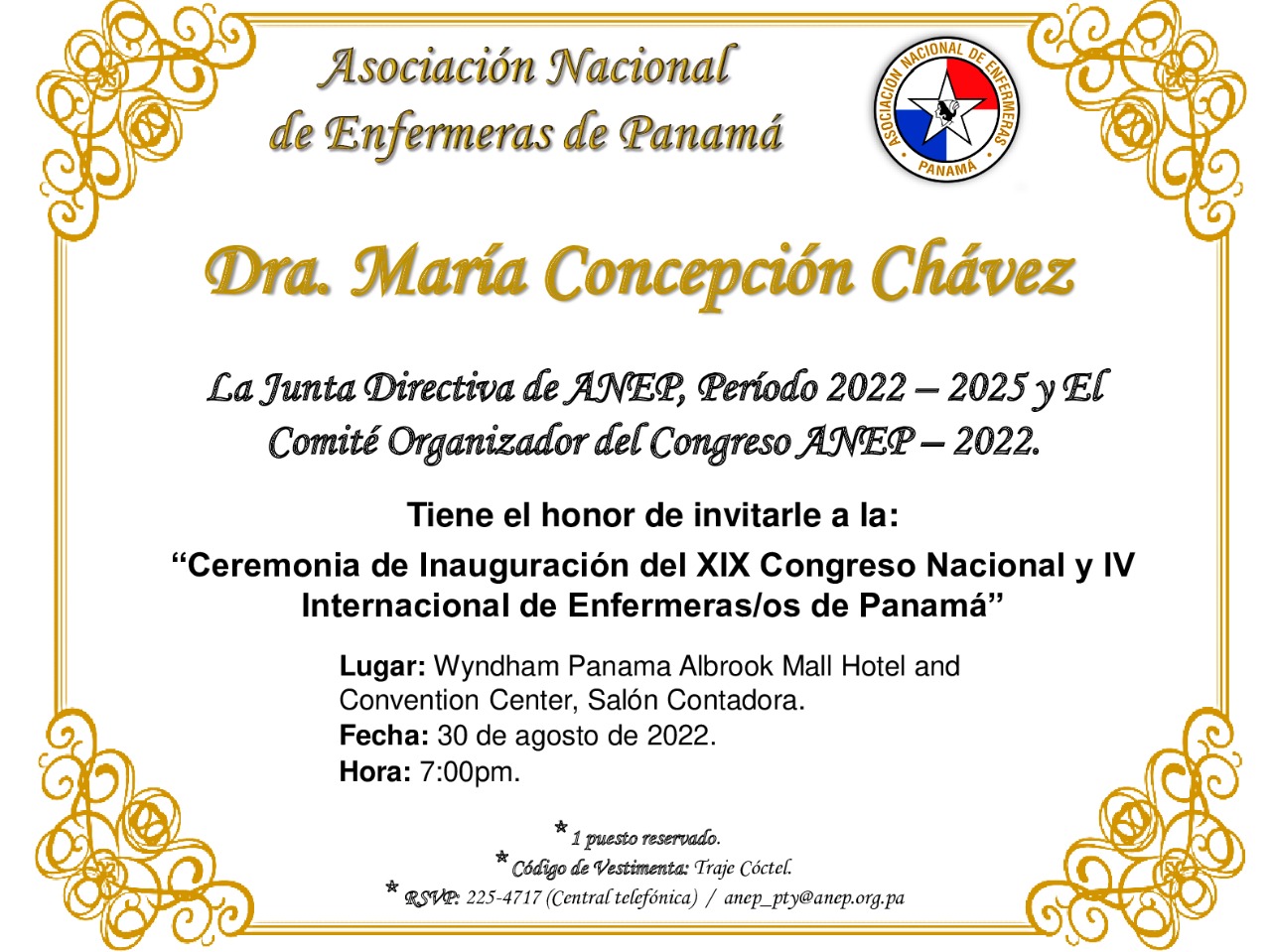 Invitación a la ceremonia de inauguración del XIX Congreso Nacional y IV Congreso Nacional de Enfermeras de Panamá ANEP